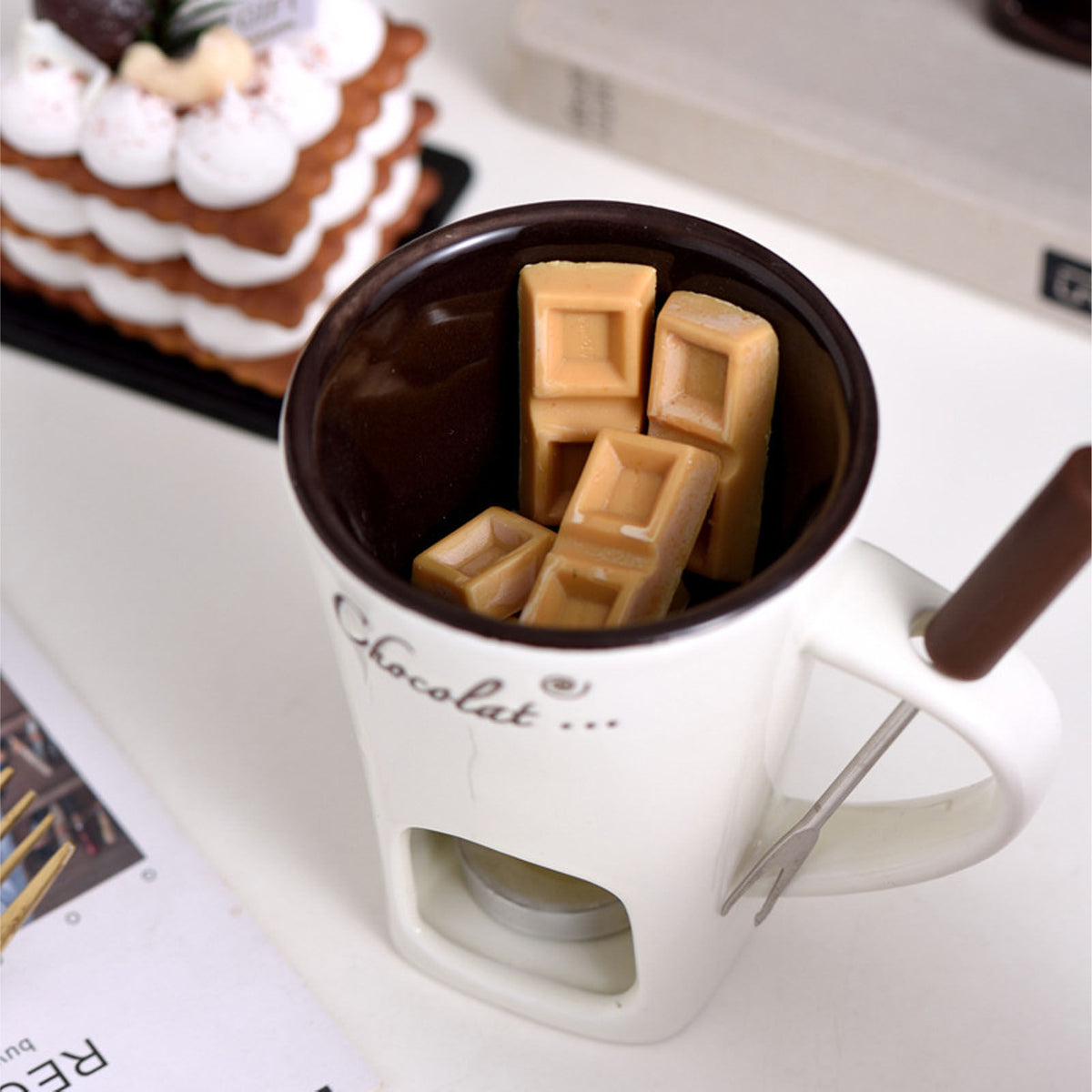 Ceramic Chocolate Melting Fondue Mug With Fork