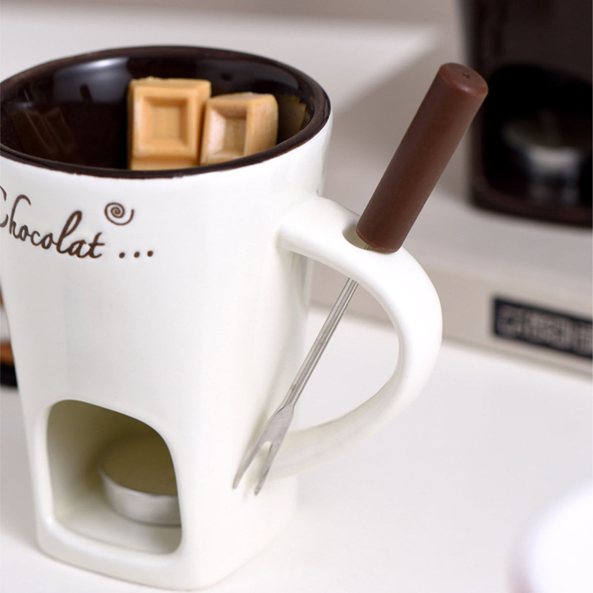 Ceramic Chocolate Melting Fondue Mug With Fork