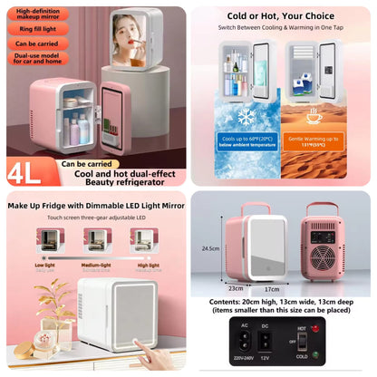 Portable 4L Mini Beauty Fridge with Dimmable LED Lighted Mirror