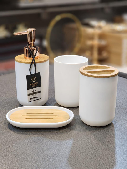 Modern White & Bamboo 4-Piece Bathroom Accessory Set