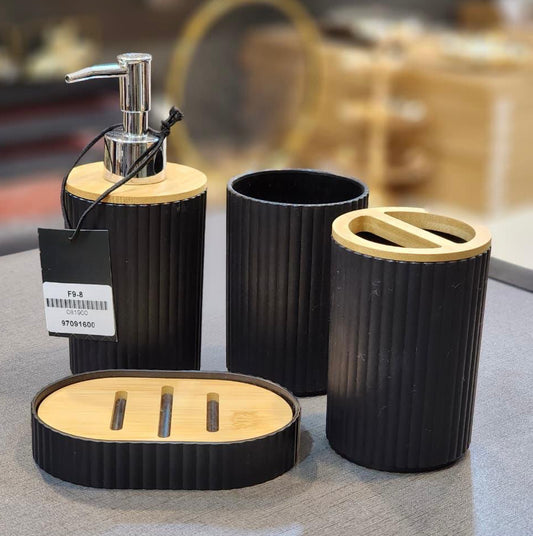 Modern Matte Black & Bamboo 4-Piece Bathroom Accessory Set