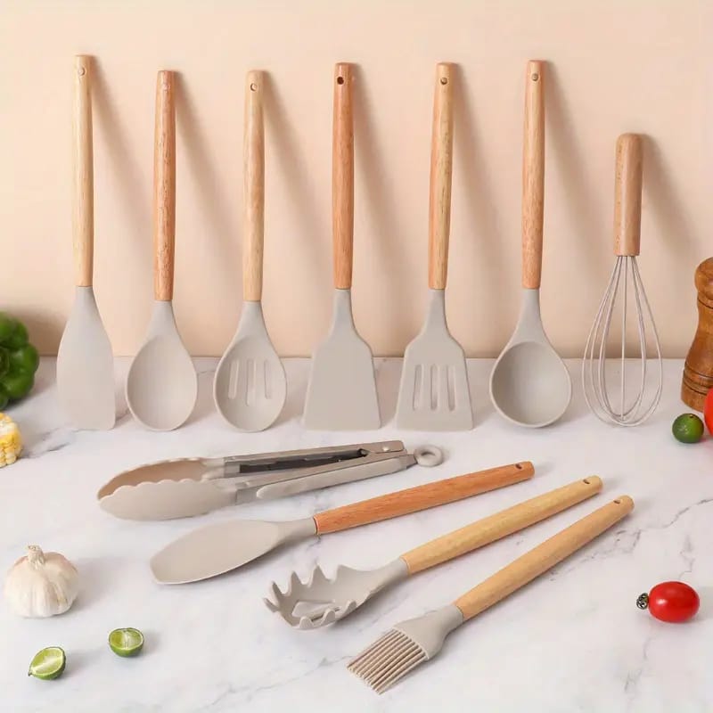 12-Piece Non-Stick Silicone Kitchen Utensil Set with Wooden Handles
